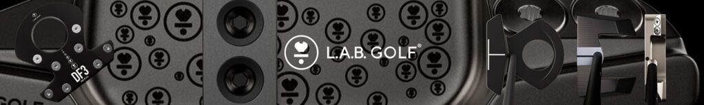 Banner displaying the white L.A.B. Golf logo on a neutral background with different L.A.B. putter heads on each side of the logo