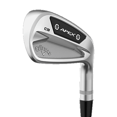 image displaying the silver Callaway Apex CB 4 iron with black details from the front