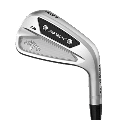 image displaying the silver Callaway Apex CB 4 iron with black details from the front