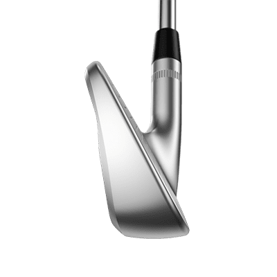 image displaying the silver Callaway Apex CB 4 iron with black details from the side