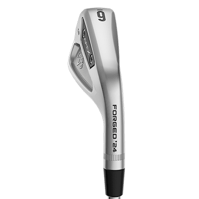 image displaying the silver Callaway Apex CB 4 iron with black details from the side