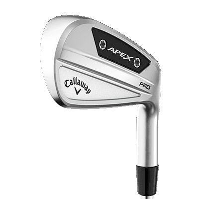 image displaying the silver Callaway Apex Pro 4 iron with black details from the front
