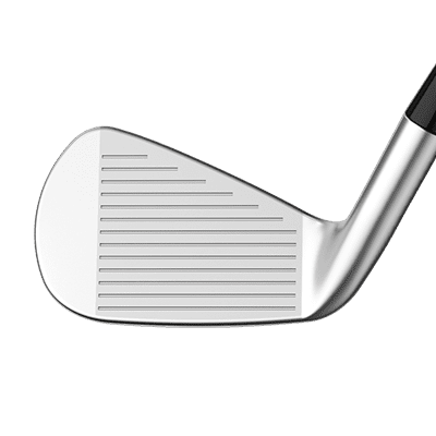 image displaying the silver Callaway Apex Pro 4 iron with black details from the side with the club face in focus