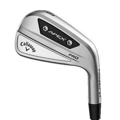 image displaying the silver Callaway Apex Pro 4 iron with black details from the front