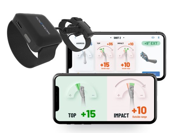 Image displaying the Hackmotion sensor in black as well as the matching app features shown on a mobile phone.